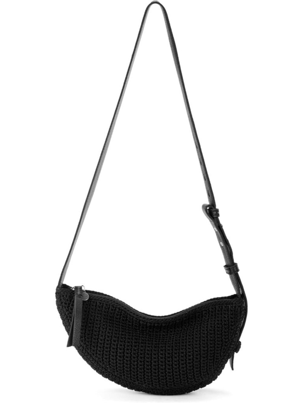 Women Black Crochet Zipper Closure & Adjustable Strap Travel Crossbody Handbag
